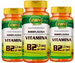 KIT C/3 Un. Suplemento Riboflavina Vitamina B2 1,3mg 60 Cápsulas - Unilife KIT C/3 Un. Suplemento Riboflavina Vitamina B2 1,3mg 60 Cápsulas - Unilife