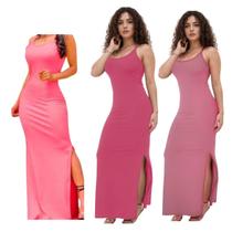 KIT C/3 Vestidos Canelado Longo com Fenda