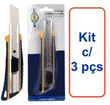 Kit c/ 3pçs Estilete Largo 18mm Cabo Emborrachado Brasfort 8088