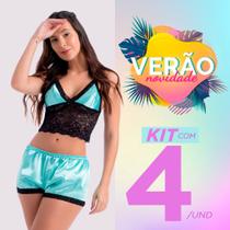 Kit C/ 4 Baby Dool Cereja Pijamas Feminino Short Dool Promoção Cetim Sensual C/Renda Luxo Atacado
