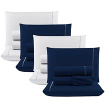 Kit c/ 4 Jogos Cama Lençol Unique Casal Padrão Micro Percal 400 Fios Ponto Palito 4 Peças - Azul Marinho + Branco