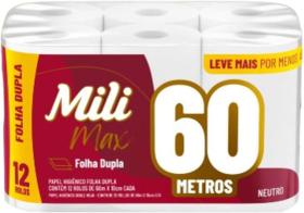 Kit c/ 4 Mili Papel Higienico Folha Dupla 12Rolos 60 Metros