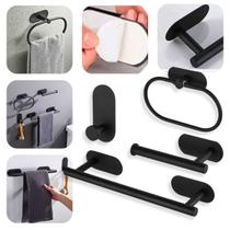 Kit c/ 4 pçs de Acessorios para Banheiro Lavabo Preto Fixação Adesivo Porta Toalha Barra Porta Papel Higiênico Porta Toalha Argola Gancho