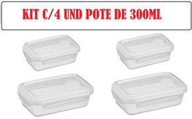 Kit c/4 pote 300 ml c/4 travas laterais baixo transparente container marmita armazenar alimentos bolachas doces