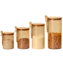 Kit C/ 4 Potes de Vidro Hermético Redondo C/Colher Âmbar 650ml / 850ml / 1100ml / 1300ml