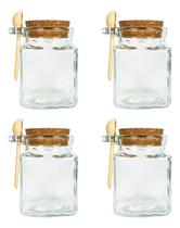 Kit C/4 Potes De Vidro Quadrado Com Colher Em Madeira 260ml