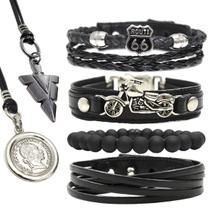 Kit C/4 Pulseiras de Couro Masculina Motoqueiro harley davidson + Colares Ajustáveis