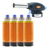 Kit C/4 Refil Gás Butano + 1 Maçarico Profissional Regulagem Gourmet