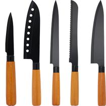Kit c/5 Facas de Corte Inox Premium Wood Black Cabo Madeira