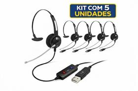 KIT C/ 5 Headset USB HTU-310 Top Use com Controle de Volume, Mute e Tubo de Voz Removível Mono Auricular para Call Cen