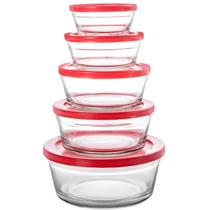 Kit c/ 5 Potes Vidro Tampa Organizador Cozinha Armazenar Alimento Empilhável Versátil Resistente P/ Marmitas Refeições