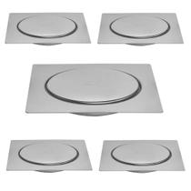 Kit C/5 Ralo Inox Para Piso Click Cromado 15x15 Cm