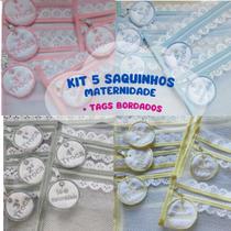 Kit c/ 5 Saquinhos Maternidade Organizadores para Bolsa Maternidade em TULE + TAGS Bordadas. - Renan enxovais