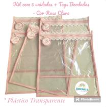 Kit c/ 5 Saquinhos Para Bolsa de Maternidade - em Plástico Cristal com Zíper e Viés + TAGS BORDADAS