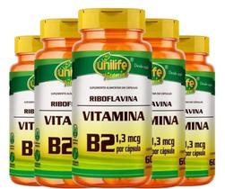 KIT C/5 Un. Suplemento Riboflavina Vitamina B2 1,3mg 60 Cápsulas - Unilife KIT C/5 Un. Suplemento Riboflavina Vitamina B2 1,3mg 60 Cápsulas - Unilife