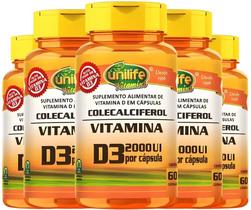 KIT C/5 Un. Suplemento Vitamina D3 2000 Ui Colecalciferol 470mg 60 Capsulas - Unilife KIT C/5 Un. Suplemento Vitamina D3 2000 Ui Colecalciferol 470mg 60 Capsulas - Unilife