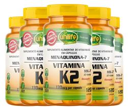 KIT C/5 Un. Vitamina K2 135mcg Mk7 Menaquinona Concentrada 120 Cápsulas - Unilife