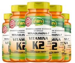 KIT C/5 Un. Vitamina K2 Mk7 Menaquinona 500mg 60 Cápsulas Vegano - Unilife