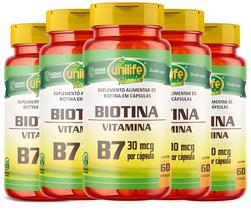 KIT C/5 Vitamina B7 Biotina 300 Cáps Cabelos Unha Pele Unilife