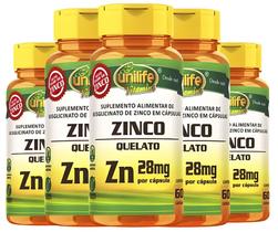 KIT C/5 Zinco Quelato Puro 28mg 300 Cáps - Unilife