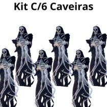 Kit C/6 Caveiras Quatro Mãos Capa Preto Pendurar Halloween Kit C/6 Caveiras Quatro Mãos Capa Preto Pendurar Halloween