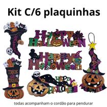 Kit c/6 Placas Halloween Decoração Festa Enfeite Pendurar c/ glitter