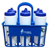 Kit c/6 Squeeze + Cesta Porta Garrafas Azul Bico Automático