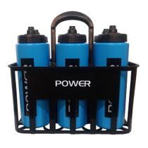 Kit c/6 Squeeze + Cesta Porta Garrafas Power Preta/Azul Bico Automático