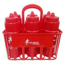 Kit c/6 Squeeze + Cesta Porta Garrafas Vermelha Bico Automático