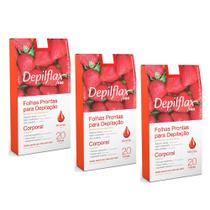 Kit c/ 60 Folhas Prontas Depilação Corporal Depilflax Morango 3cx c/ 20un