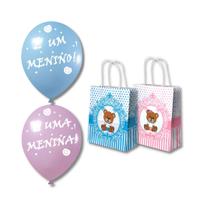 Kit C/ 60 Un Balões E Sacolas Ursinho Festa Chá Revelação