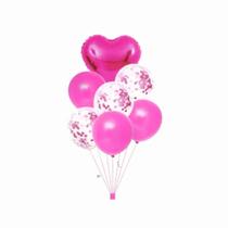 Kit C/7 Balão Metalizado Coração Pink Confetes Arranjo
