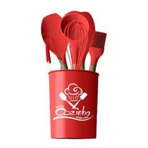 Kit C/7 Utensílios Cozinha Vermelho Silicone Madeira Red - 123ÚTIL