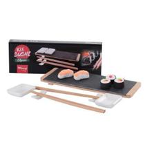 Kit C/8 Peças Para Servir Sushi Em Bambu Ardósia E Porcelana