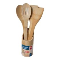 Kit C/Colher/Espatula/EspatuladePão + Suporte de Bambu 6 Peças
