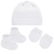 Kit c/ Touca, Luva e Sapatinho para bebê recém-nascido em tricot Branco Pimpolho (0-3m)