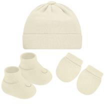 Kit c/ Touca, Luva e Sapatinho para bebê recém-nascido em tricot Off White Pimpolho (0-3m)