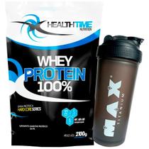 kit c/ Whey Protein 100% 2,1kg - Health Time + Coqueteleira Max Preta Sabor:Morango