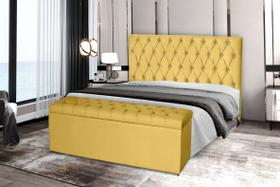 Kit Cabeceira 138Cm p/ Cama Box Casal + Baú 138Cm Calçadeira Estofada Imperatriz Suede Amarelo