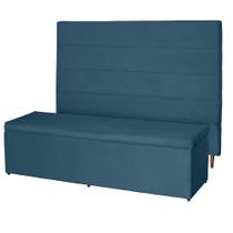 Kit Cabeceira 158Cm p/ Cama Box Queen + Baú 158Cm Calçadeira Estofada Helena Suede Azul Royal