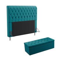 Kit Cabeceira Bellatrix 160 Para Cama Queen e Calçadeira Sagitarius Sued Azul Turquesa Aradecor