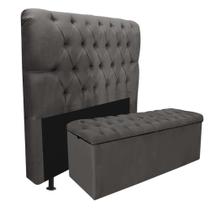 Kit Cabeceira + Calçadeira Baú Capitonê Livia 100cm Solteiro Para Cama Box material sintético Cinza - Gat Magazine