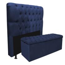 Kit Cabeceira + Calçadeira Baú Capitonê Livia 140cm Casal Para Cama Box Suede Azul Marinho - Gat Magazine