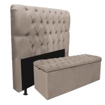 Kit Cabeceira + Calçadeira Baú Capitonê Livia 160cm Queen Size Para Cama Box material sintético Bege - Gat Magazine