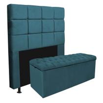Kit Cabeceira + Calçadeira Baú Espanha 160cm Queen Size Para Cama Box Suede Azul Turquesa - Gat Magazine
