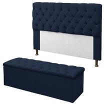 Kit Cabeceira + Calçadeira Baú Mirage Casal 140cm Azul Marinho - LM DECOR