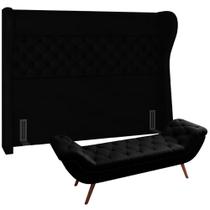 Kit Cabeceira Cama Box Casal 140 cm Madrid com Puff Recamier Santorini material sintético Preto - Lyam Decor