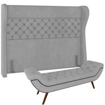 Kit Cabeceira Cama Box Casal 140 cm Madrid com Puff Recamier Santorini P05 Veludo Cinza - Lyam Decor