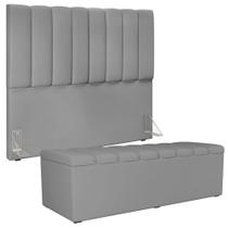 Kit Cabeceira Cama Box Casal 140cm Com Calçadeira Recamier Baú Dália W01 Facto Cinza - Lyam Decor Kit Cabeceira Cama Box Casal 140cm Com Calçadeira Recamier Baú Dália W01 Facto Cinza - Lyam Decor