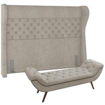 Kit Cabeceira Cama Box Casal 160 cm Madrid com Puff Recamier Santorini Bouclê Creme - Lyam Decor